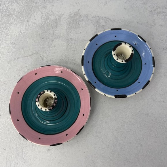 Pair Vintage Studio Pottery Candlestick Holders MacKenzie-Childs Style Pastel - Picture 3 of 5